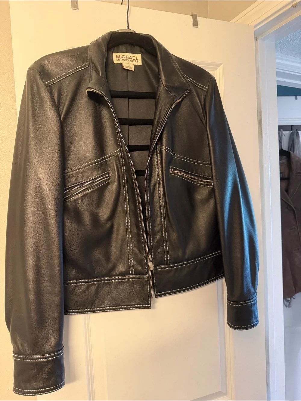 Michael Kors Black Leather Zip Jacket with Contrast Stitching